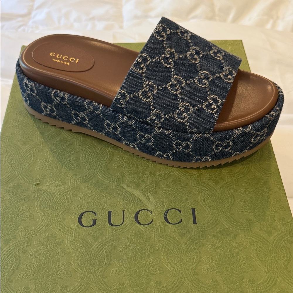 Gucci Denim and Brown Wedge Sandals - Picture 2 of 3